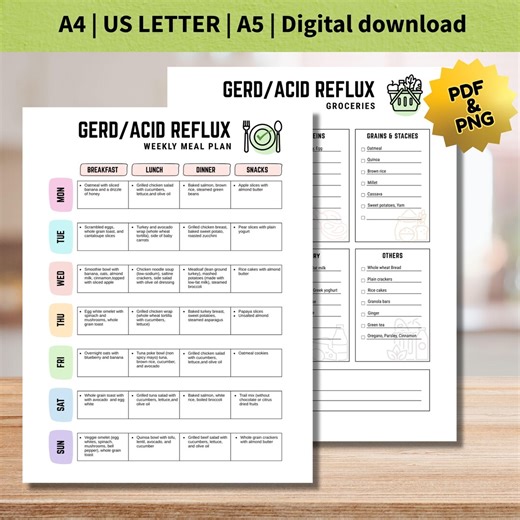GERD Weekly Meal Plan, Acid Reflux Meal Planner With Grocery List Printable Template (digital Download) - Etsy