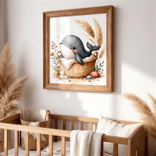 Cute Whale Nursery Wall Art | Ocean Baby Room Decor | Baby Whale in Basket Print | Coastal Nursery Decor | Boho Baby Wall Art Digital - Etsy