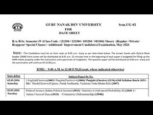 BA / BSc 4th Semester Datesheet 2026 GNDU | May - June Exams 2026 | Gndu Datesheet 2026 Download