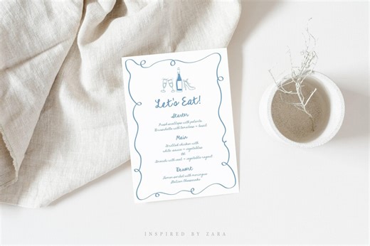 Hand Drawn Menu Template, Bridal Shower Menu Template, Editable Template, Blue Wavy Border Wedding Menu, Drawing Menu Card - Etsy