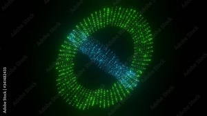 Green torus and blue torus composed of small flashing lights., green and blue LED. Rotate objects in their local axis on black background. Sci-fi video effect, vj movie, vfx video,