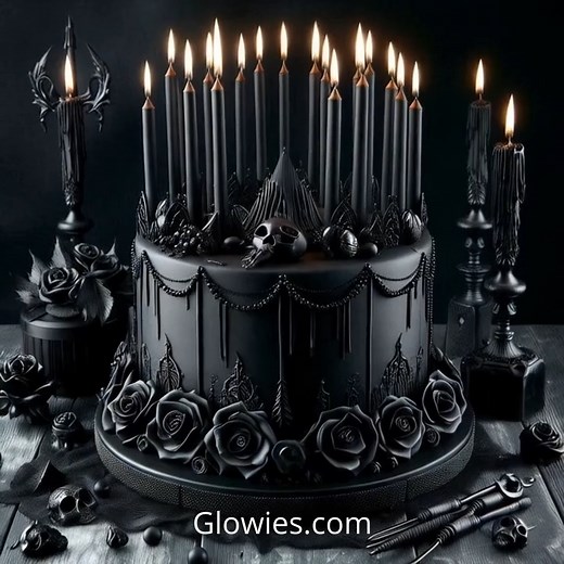 65K views · 3.8K reactions | Celebrate the dark side of sweetness with a gothic black birthday cake, crowned in flickering candles. Rich, moody layers and dramatic details make this cake the perfect centerpiece for a shadowy celebration. Whether it's velvet black icing or skull accents, every slice is a deliciously spooky treat. Blow out the candles and make a wicked wish. ️ | Gothic Darling | Facebook