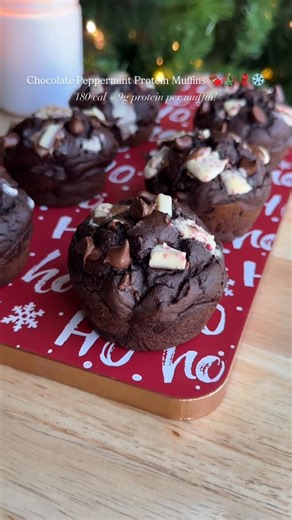 Nicole | Average Runner & Healthy Foodie on Instagram: "Chocolate Peppermint Protein Muffins say WHAAAAAT!!!! Currently just baking my way through the holiday season one recipe at a time!!! And these chocolate peppermint muffins are EVERYTHING. Ryan came up with the flavor profile and it is SUCH a good combo for a muffin. Fluffy, rich, peppermint-y (without being toothpaste LOL), and stuffed with chocolate chips + a little chopped peppermint chocolate, these are perfect if you want something fes
