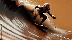 An alien surfer catches a massive wave during an exciting sunset session at the beach