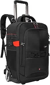 TORIBIO Camera Backpack Trolley Case Bag, 2 in 1 Camera Bag fits 17.3"" Laptop with Detachable Padded Compartment for Canon/Nikon/Sony DSLR SLR Camera, 13.8"" x9.8"" x22.8"", Black