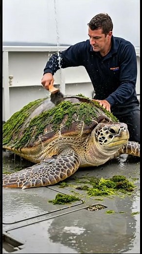 Rescuing a sea turtle covered in algae 🐢🌊