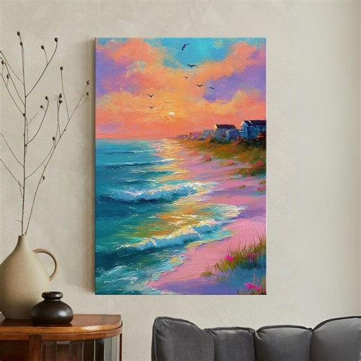 Colorful Beach Sunset Canvas Print, Pastel Ocean Waves Wall Art, Impressionist Coastal Seascape, Pink Sand Beach House Room Decor - Etsy