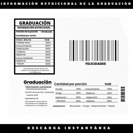 Graduation Nutrition Label Spanish Printable Digital Download - Etsy