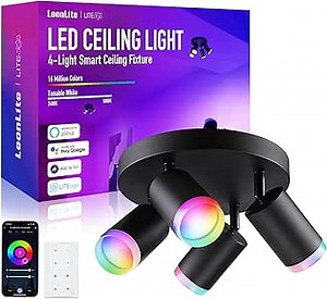 LEONLITE Smart LED Ceiling Spotlight Fixture, Dimmable Ceiling Spot Lights Indoor, 4 Lights Flush Mount, Work with 2.4GHz WiFi & Bluetooth, APP Voice Control, 16 Million Colors, CRI90, Black
