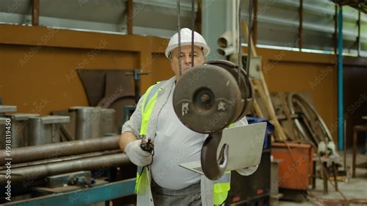 Senior industrial worker operating an overhead crane hook using a remote control while holding a laptop in a factory. Expert technician wearing a safety vest and hard hat in a manufacturing plant.