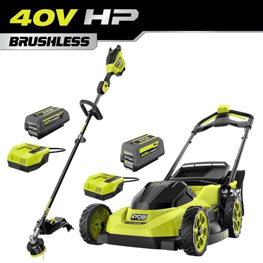 Check The Home Depot's Q&A Before Buying: RYOBI 40V HP Brushless 20" Cordless Battery Walk Behind Push Lawn Mower w/ 40V 17" String Trimmer, (2) Batteries & Chargers