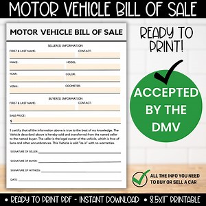 Motor Vehicle Bill of Sale Printable Form, Digital for Sale Car Bill of Sale, Instant Download, Auto Bill of Sale PDF Template, Digital BOS - Etsy