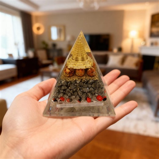 Handmade Golden Meru Shree Yantra Orgone Pyramid | Vastu Energy Pyramid With Rudraksha, Pyrite & Red Stone | Crystal Pyramid for Meditation - Etsy
