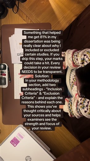 Struggling with your dissertation methodology? Clear inclusion and exclusion criteria can boost your marks by showing examiners your review is focused and well-justified. Start adding these sections today! 😊 #AcademicWriting #DissertationTips #ResearchSkills #researchproject #dissertation #emilypasstofirstclass