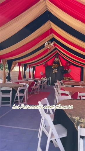 Red, black, gold tent draping & Casino 🎰 balloon decoration! Full set up of tables and chairs🤍🪄🎰 #casino #21 #tentdraping #vegastiktok #eventplanner
