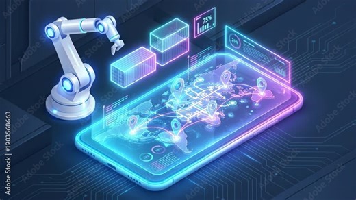 Futuristic mobile logistics map digital world supply chain smart shipping hologram interface global freight transport network warehouse automation robot arm navigation route tracking technology