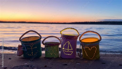 Seaside Glow: Vibrant Tin Can Lanterns with Nautical Motifs Lighting Up the Beach