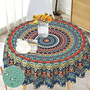 Boho Round Tablecloth 60 inch, Bohemian Circle Table Cloth, Stain Resistance, Water Repellent and Wrinkle-Free, Colorful Tablecloth Decor for Home Kitchen Dining Party Patio Indoor and Outdoor Use