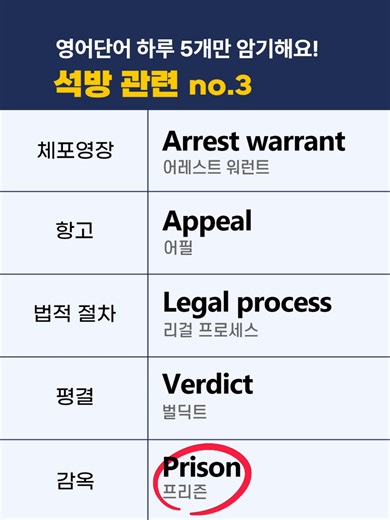 석방 관련 3 영단어 하루 5개 영어단어 쏙쏙 암기하세요. #석방영어단어 #평결영어단어 #감옥영어단어 #체포영장영어단어 #영어단어장 #영어단어 #영어회화 #영어공부 #왕초보영어 #기초영어 #영어단어공부 #생활영어 #필수단어 #1분영어 #초보영어 #영어어휘 #시니어영어