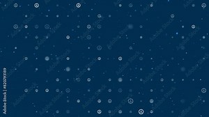 Template animation of evenly spaced peace symbols of different sizes and opacity. Animation of transparency and size. Seamless looped 4k animation on dark blue background with stars