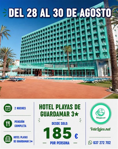 🌊☀️ ¡GUARDAMAR DEL SEGURA DESDE SOLO 185€ POR PERSONA! ☀️🌊 🏨 Hotel Playas de Guardamar 3★ 🌴 En primera línea de playa, con acceso directo al mar y vistas al Mediterráneo. 📅 Del 28 al 30 de agosto 🌙 2 noches 🍽️ Régimen Pensión Completa 👨‍👩‍👧‍👦 Precios 👫 2 adultos 💰 370€ total 💰 185€ por persona 👨‍👩‍👧 2 adultos 1 niño 💰 462€ total 👨‍👩‍👧‍👦 2 adultos 2 niños 💰 612€ total ✨ Disfruta de una escapada junto al mar con acceso directo a la playa, piscinas y un entorno único rodeado 
