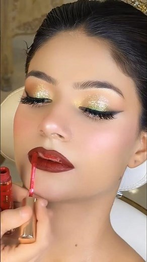 Bridal makeup look 2026/Golden Glitter Eyes ✨ Deep Red Lips ❤️ Glam Makeup tutorial
