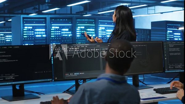 Manager overseeing server room, walking around with checklist on notepad, troubleshooting hardware. Supervisor doing inspection in server hub, monitoring energy consumption across rigs