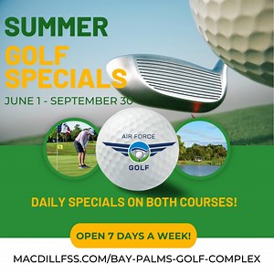 Special Summer Rates now at the Bay Palms Golf Course 🌞⛳️ Both courses - North and South - are open 7 days a week and offer summer rates now through Sept 30! PLUS: Bay Palms is open to EVERYONE! Find more info on Playing The Bay and details on our special summer rates at: macdillfss.com/bay-palms-golf-complex/ | MacDill Force Support Squadron