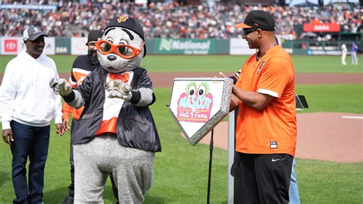 Lou Seal celebrates Mascot Hall of Fame induction