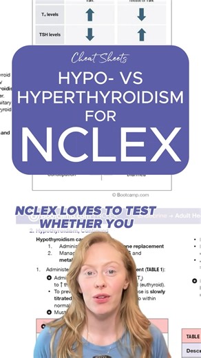 18K views · 414 reactions | Would you know how to answer a question about the difference between hypo- vs hyperthyroidism on the NCLEX?類 Comment “CHEAT SHEET” down below and we'll send over our collection of FREE Cheat Sheets✨ #NCLEX #nursingstudent #nursingschool | NCLEX Bootcamp | Facebook