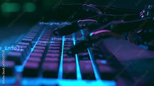 Robot hand working and typing on pc keyboard with AI Technology. Artificial intelligence mechanical arm with computer. Futuristic high-tech innovation concept