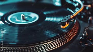 3D animation of a vinyl record player with a spinning record in retro style