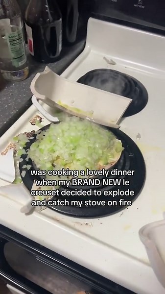 Shocking moment as woman's Le Creuset explodes on stovetop in viral TikTok