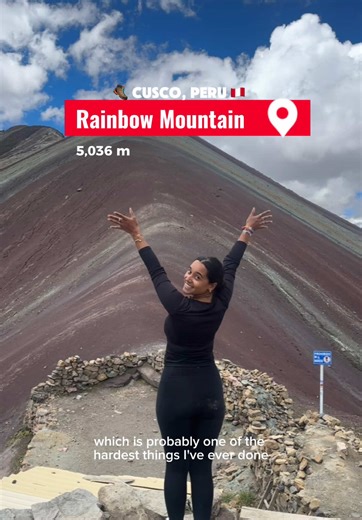 Hiked one of Peru’s most surreal places — Vinicunca, better known as Rainbow Mountain 🌈 Sitting at 5,200 meters (17,060 ft) above sea level, this was hands down the hardest hike I’ve ever done — the altitude hits hard. 🥵 The colors are completely natural, created by mineral layers revealed over time by erosion and glacial melt.. I booked my tour through Machu Picchu Reservation, which included breakfast and lunch 🍳🥗.. Just note: the entrance fees for Rainbow Mountain and Red Valley aren’t in