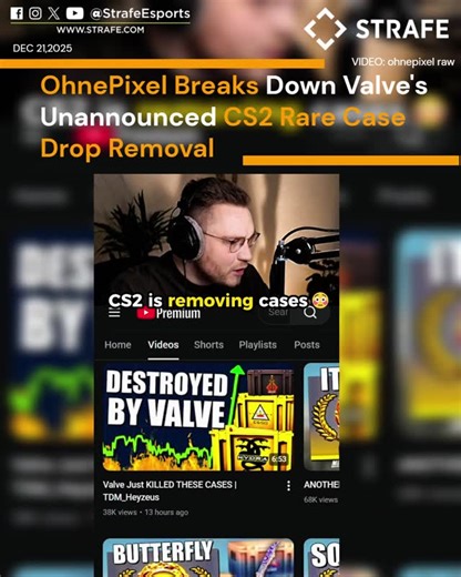 Strafe Esports on Instagram: "OhnePixel details Valve's stealth backend update removing the rare weapon case drop pool from CS2 weekly care packages—unannounced and spotted by case farmers—sparking community panic buying and price surges despite minimal supply impact. #CS2 #OhnePixel #CS2Update"