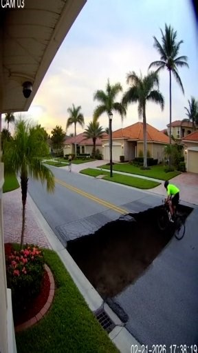A calm afternoon in a Florida neighborhood turned chaotic when a residential street suddenly collapsed, opening a massive sinkhole without warning. Security-style footage captures the shocking moment the pavement gives way, transforming a quiet block lined with palm trees and tile-roof homes into a scene straight out of a disaster movie. Sudden ground failures, while rare, are a reminder that beneath Florida’s surface lies limestone terrain prone to instability in certain conditions. One second 