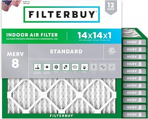 Filterbuy 14x14x1 MERV 8 Dust Defense, Pleated HVAC AC Furnace Air Filters (12-Pack)