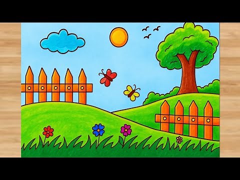 Garden scenery drawing | Simple garden scenery drawing | Natural scenery drawing