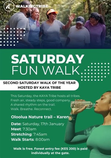This Saturday, all roads lead to nature 🌱 KAYA Tribe is hosting all tribes for a relaxed, feel-good Saturday Fun Walk. Come for the walk, stay for the conversations, leave refreshed. Walk. Breathe. Reconnect. 📍 Oloolua Nature Trail, Karen #wewalktogether