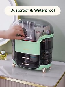 REMIBI Professional Makeup Organizer Box and Cosmetic Display Case for Perfume, Lotion, Skincare Creams, Brushes, and Accessories, Large Vanity Storage, Rotating Drawers-Green