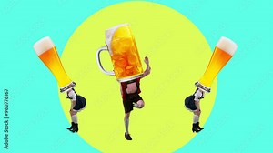 Man and woman in traditional Bavarian attire with beer mug for head dancing against dynamic multicolored background. Stop motion, animation. Concept of Oktoberfest, beer festival, traditions.