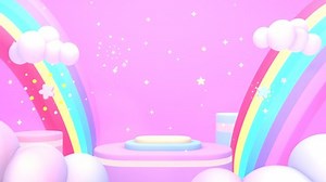 Looped cartoon rainbow world with podiums, clouds, stars, and fireworks animation.