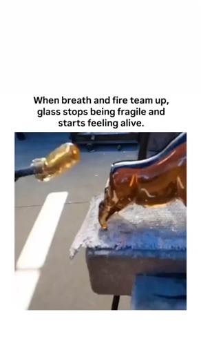 FUN TIME on Instagram: "This post captures a mesmerizing 45-second moment where a master glassblower transforms 1,300°C molten glass into a finely detailed amber bull. Using a blowpipe to gather the glowing material, the artist relies on rhythmic swinging to stretch and balance the form, then precise tools to refine horns, legs, and posture. Every movement blends breath, timing, and physics into a performance that feels both ancient and alive. Glassblowing itself traces back to Roman innovations