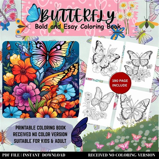 Butterfly Coloring Book Printable | 190 Pages PDF for Kids and Adults | Instant Download - Etsy