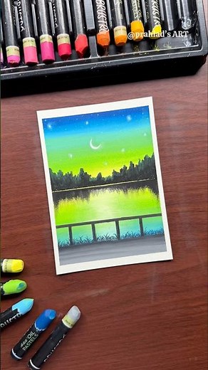 🌙 Easy Moonlight Lake Scenery Drawing with Oil Pastels | Step-by-Step Landscape Tutorial