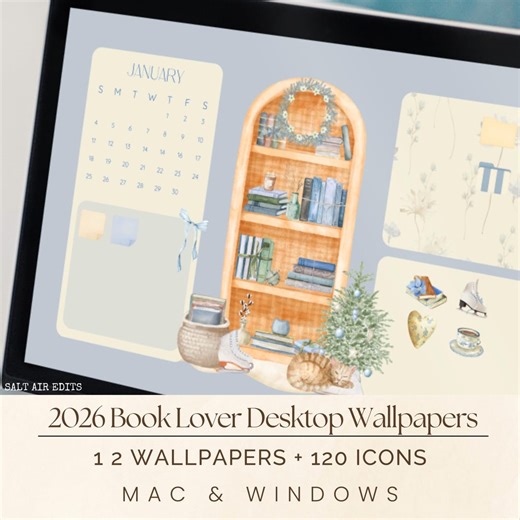 2026 Book Lover Desktop Calendar Wallpaper Bundle | Monthly Cozy Bookshelf Backgrounds   Icons - Etsy UK