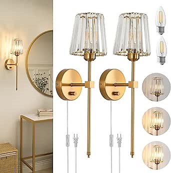 Crystal Wall Sconces Set of 2, Dimmable Wall Sconce with Plug in Cord and Dimmer Gold Plug in Wall Lamp Wall Mounted Light with Crystal Shade for Living Room Bedroom Vanity Light, Bulbs Included