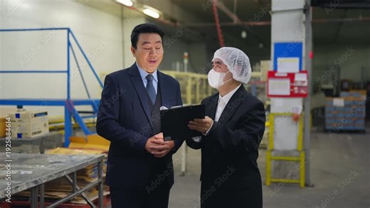Asian factory manager and quality control inspector reviewing production process line in food manufacturing plant with safety hygiene and industrial packaging operation in modern processing facility