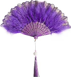 Huralona 1920s Vintage Style Flapper Hand Fan Embroidered Flower Marabou Feather Fan (Glitter Purple)