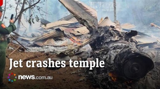 Burmese fighter jet shot down by resistance fighters crashes into temple